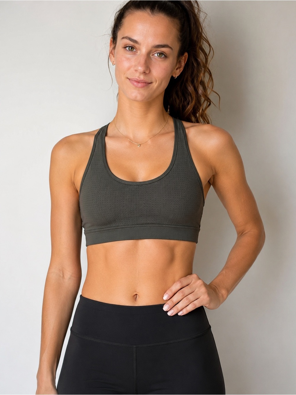 Avia Perforated Cross-Back Sports Bra in olive green